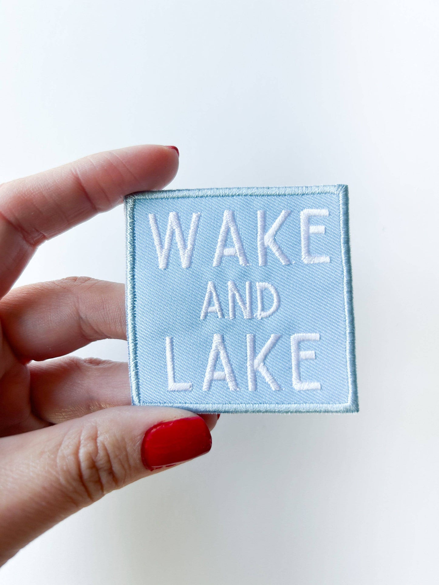 Wake and Lake Light Blue Embroidered Iron On Patch