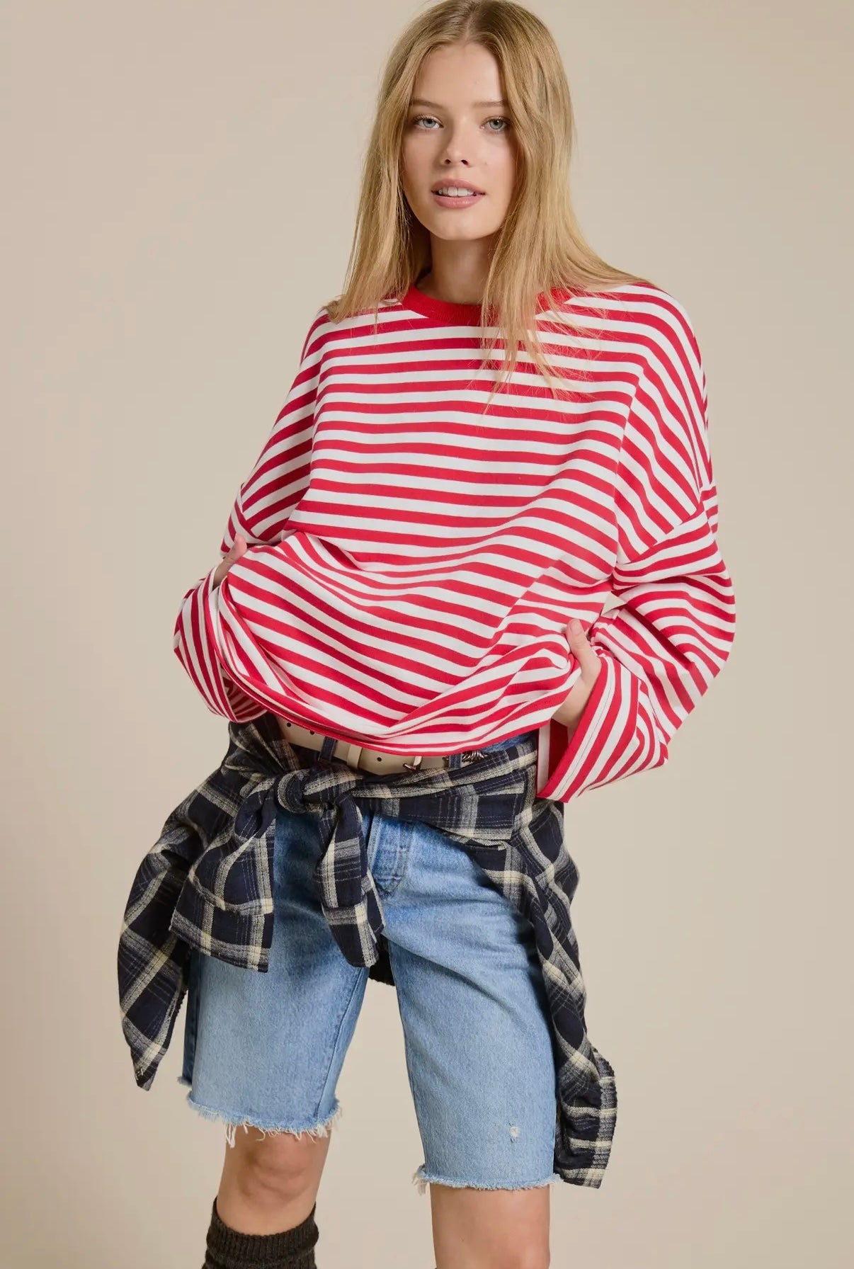 Oversized Long Sleeve Top in Red